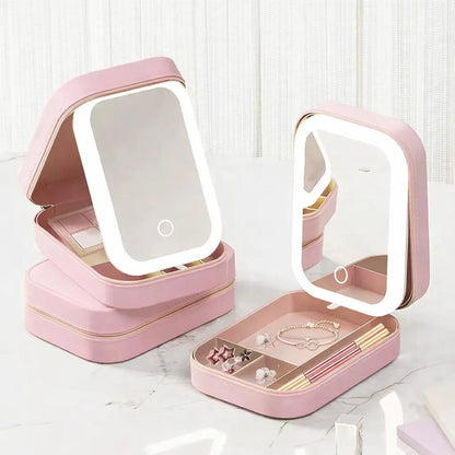 Travel Makeup Box with LED Light Mirror
