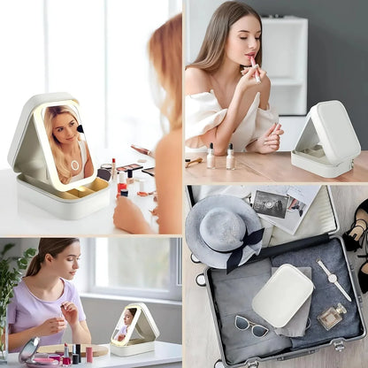 Travel Makeup Box with LED Light Mirror