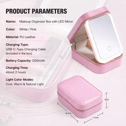 Travel Makeup Box with LED Light Mirror